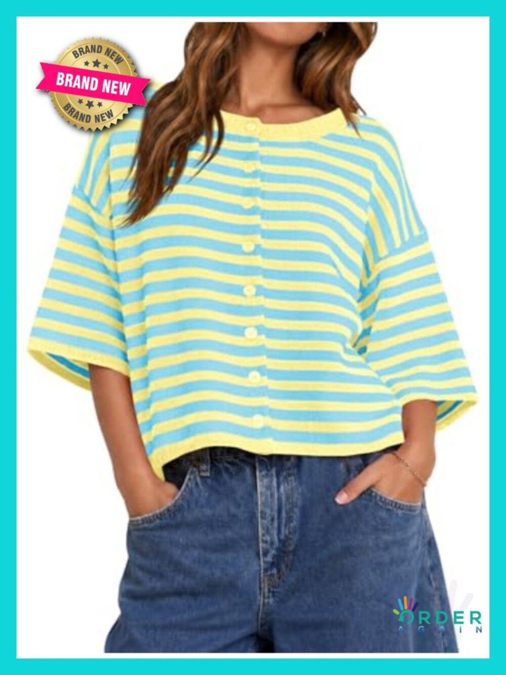 Womens Short Sleeve Cropped Striped Button Down Oversized Knit Cardigan